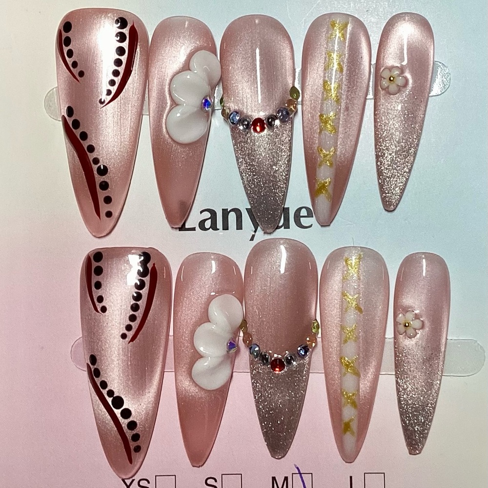 Gorgeous Glam Pink Cateye 3D Flower Stiletto Handmade Press-On Nails S M L